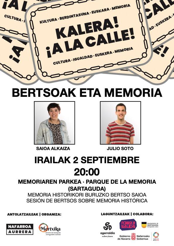 Ostiralean 20:00etan "Kalera!", bertsoak eta memoria, Memoriaren parkean #Sartaguda|n. Memoria historikoari buruzko bertso-saioa leku pribilegiatuan: Kultura, berdintasuna, euskara eta memoria.