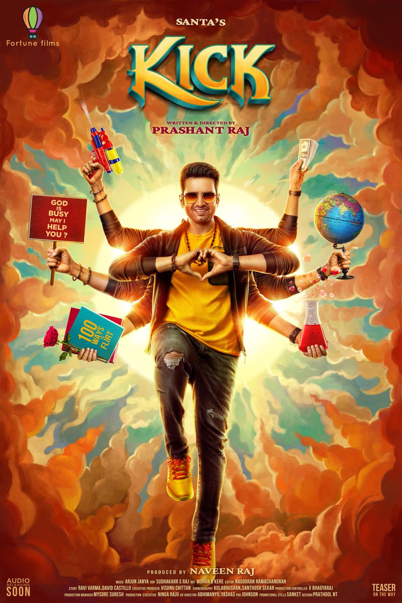 Fortune_films's tweet photo. On the occasion of Ganesha Chathurthi ✨ Our #SANTA15 has been titled as #KICK 💥 Here's the first look poster.

#KickFirstLook #SantasKick @iamsanthanam @iamprashantraj @TanyaHope_offl @raginidwivedi24 @ArjunJanyaMusic @iamnaveenraaj #FortuneFilms #ProductionNo10 @johnsoncinepro https://t.co/8HHZzhilEP