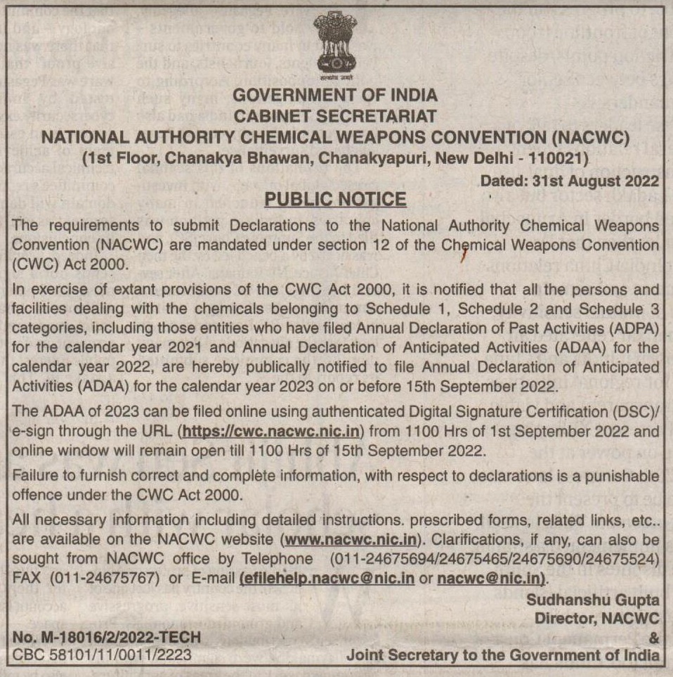 NACWC_India's tweet photo. The ADAA of 2023 can be filed online using authenticated DSC/e-sign through the URL (https://t.co/EE86nALUom) from 1100 Hrs of 01/09/2022 to 1100 Hrs of 15/09/2022. Failure to furnish correct and complete information is a punishable offence under the CWC Act 2000. https://t.co/kBBFaa0lbS