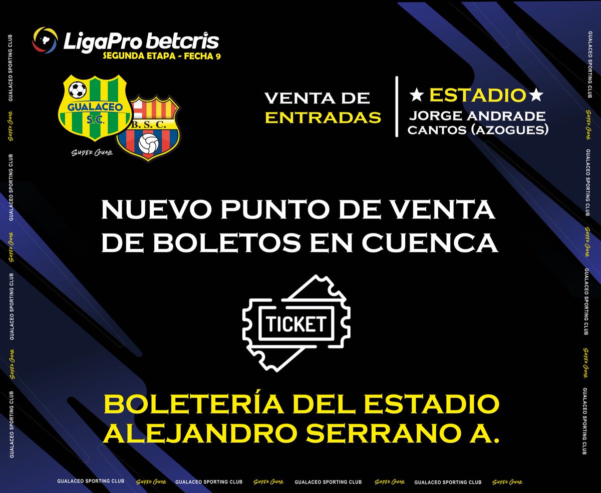 🎫 Nuevo Punto de Venta 🎫

Para comodidad de la hinchada visitante, se ha tomado la decisión vender las entradas para el partido entre #GualaceoSc vs #BarcelonaSc, en la boletería del estadio Alejandro Serrano Aguilar en #Cuenca, desde mañana a partir de las 10h00. 

#VamosGuala