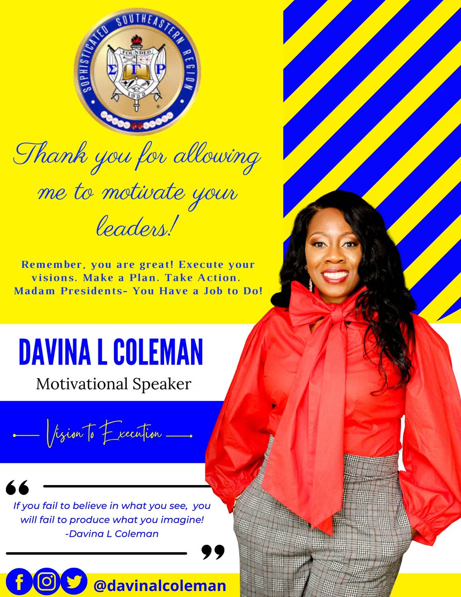I had a great time being the motivational speaker tonight for Sigma Gamma Rho Southeastern Region's August Basileus Meeting! Thank you for allowing me to pour into your presidents 💙💛💙! #VisiontoExecution