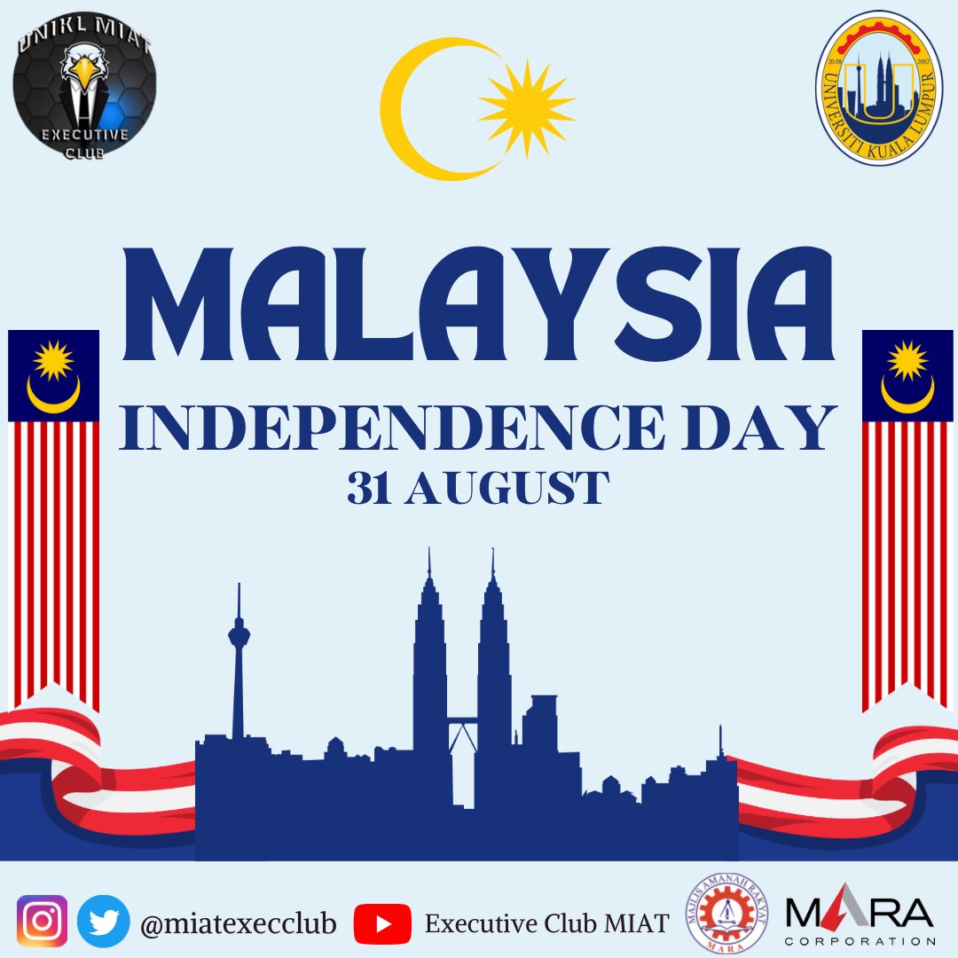 miatexecclub's tweet photo. We, the High Committee of MIAT Executive Club would like to wish a very Happy Malaysia Independence Day to all Malaysians. 🇲🇾🇲🇾🇲🇾

Today we can enjoy the freedom, independence, comforts and rights we are given as Malaysian citizens. 🇲🇾

Best Regards,
MIAT EXECUTIVE CLUB 2021/2022 https://t.co/HjpiwJmFPu