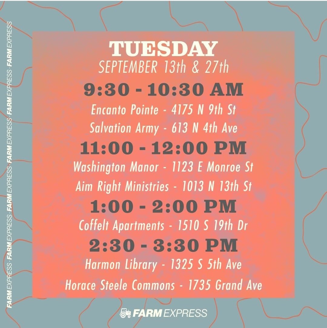 Catch the @FarmExpress bus this September in Garfield! Tuesday September 13th and 27th from 11am-12pm at AimRight Ministries on 13th Street and Roosevelt 🍋🍉🍎🌽🍊
