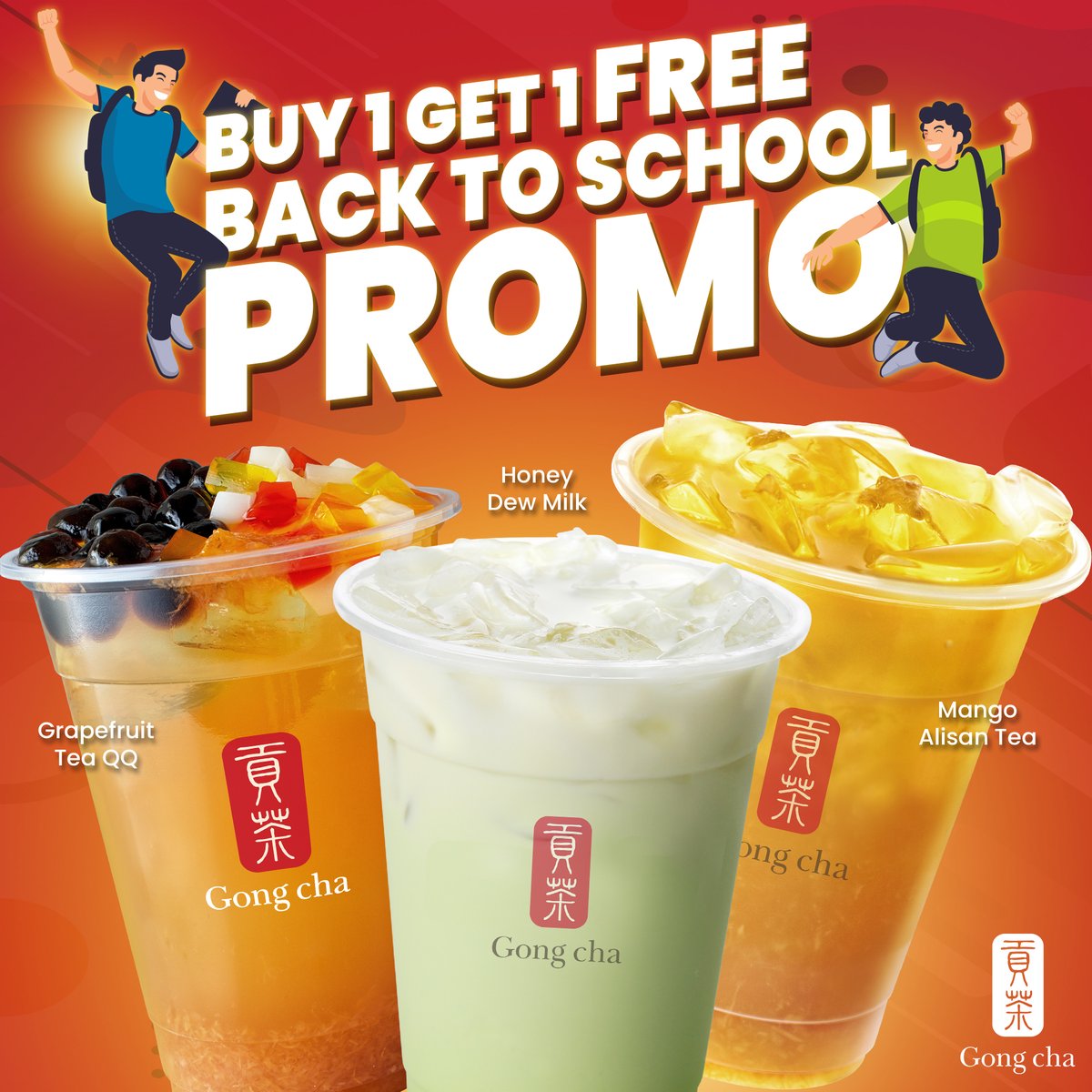 gongchaphil's tweet photo. BACK-TO-SCHOOL PROMO!
Buy 1 Get 1 of the same kind of your choice.

Drinks to choose from
- Grapefruit Green Tea QQ
- Mango Tea (Green tea or Alisan Tea based)
- Honey Dew Milk 

#BacktoSchool2022  
#GongchaPH
#BrewingHappiness 
#BOGO 
#Buy1Get1Free https://t.co/ktPEiJiMVg