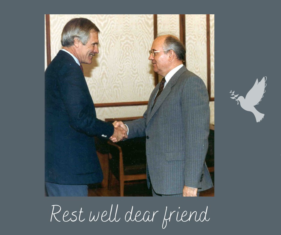 TedTurnerIII's tweet photo. Hearing the news this evening of the passing of my long-time friend Mikhail Gorbachev deeply saddened me. He was a remarkable man of wisdom, of great vision, & an advocate for peace. The world has lost a true legend. #GreenCross #heroes #perestroika #glasnost #GoodwillGames https://t.co/3vR4QjMCBy