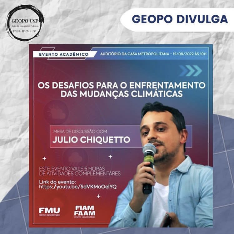 Está disponível no canal do Youtube do Centro Universitário FMU o evento "Os desafios para o enfrentamento das mudanças climáticas". A mesa de discussão contou com Julio Chiquetto, Pesquisador de pós-doutorado na EACH USP

Se interessou? Acesse: youtu.be/SdVKMoOelYQ