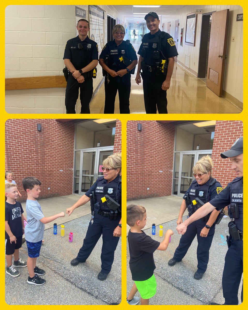 QE was visited today by Officer Melot, Officer Thompson, and Officer Dilworth. Second graders at recess had a chance to greet the officers and get a fist bump and warm smile. #QvillePride #connecting