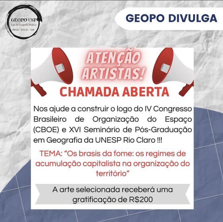 Geopo7's tweet photo. [CHAMADA]

A edição de 2023 do IV Congresso Brasileiro de Organização do Espaço (CBOE) e XVI Seminário de Pós-Graduação em Geografia da UNESP Rio Claro abre chamada de produções artísticas para o logo do evento.

Se interessou? Acesse: https://t.co/HKKbkOPGfJ
👇🏻 https://t.co/6kzMZVGDkz