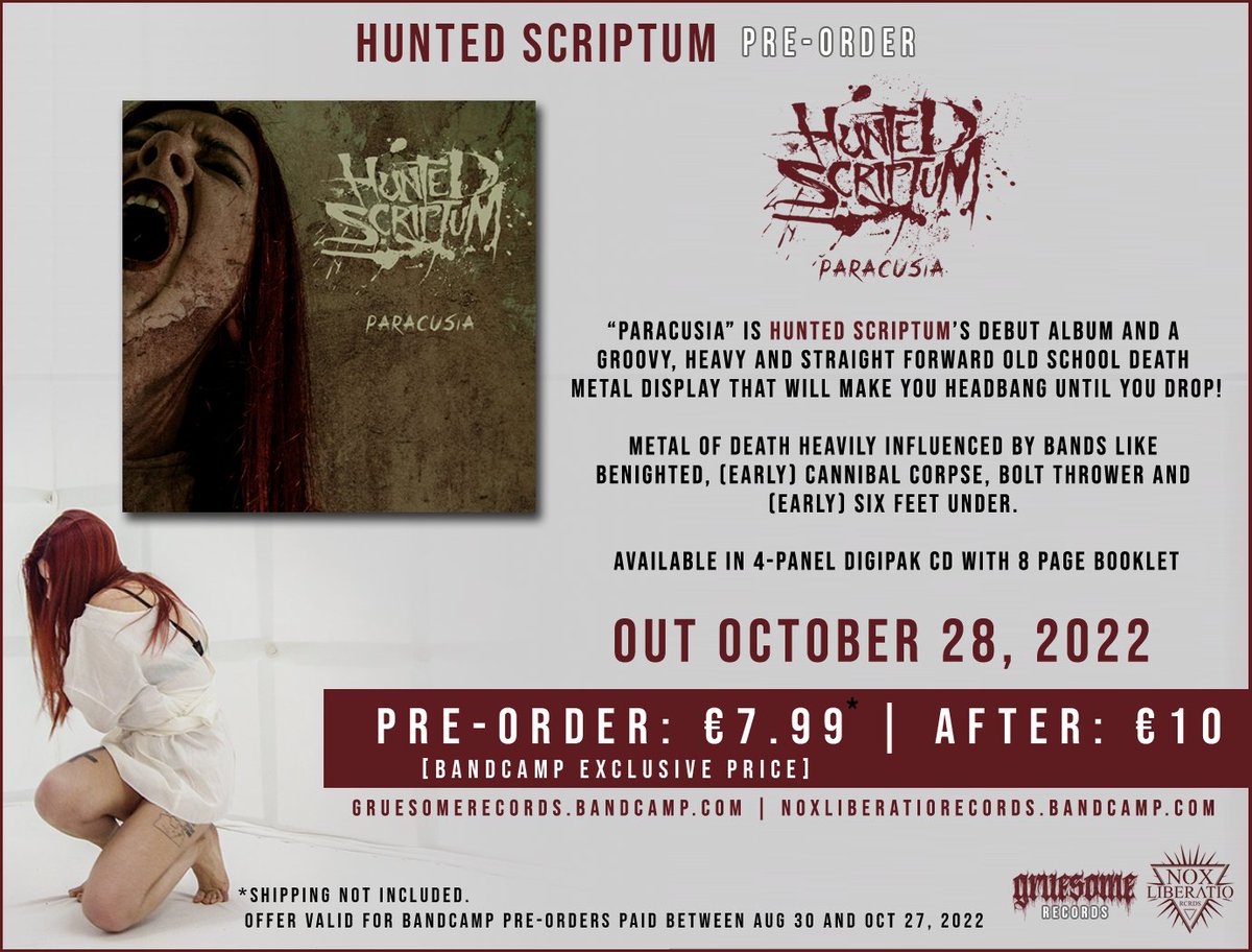 NoxLiberatio's tweet photo. Pre-orders of the upcoming Hunted Scriptum album "Paracusia" are finally available on our Bandcamp! Get yours now! @GruesomeRecords #HuntedScriptum 
Link in the comments! https://t.co/yJv0abGE6L