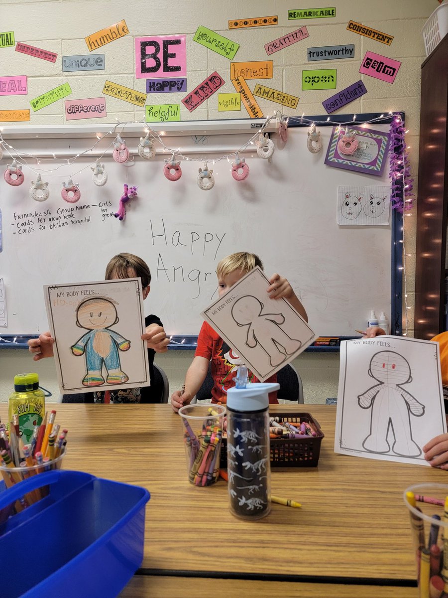 EGMScounseling's tweet photo. Today in group we drew how our bodies feel when we are happy vs angry. We are working on identifying how our body feels with different emotions and what that looks like! @eastfieldglobal @_Marleys_World @cutiekel01 @LindseyPioch #1stgraders #selgroups #Emotions https://t.co/UQC8DOX1FV