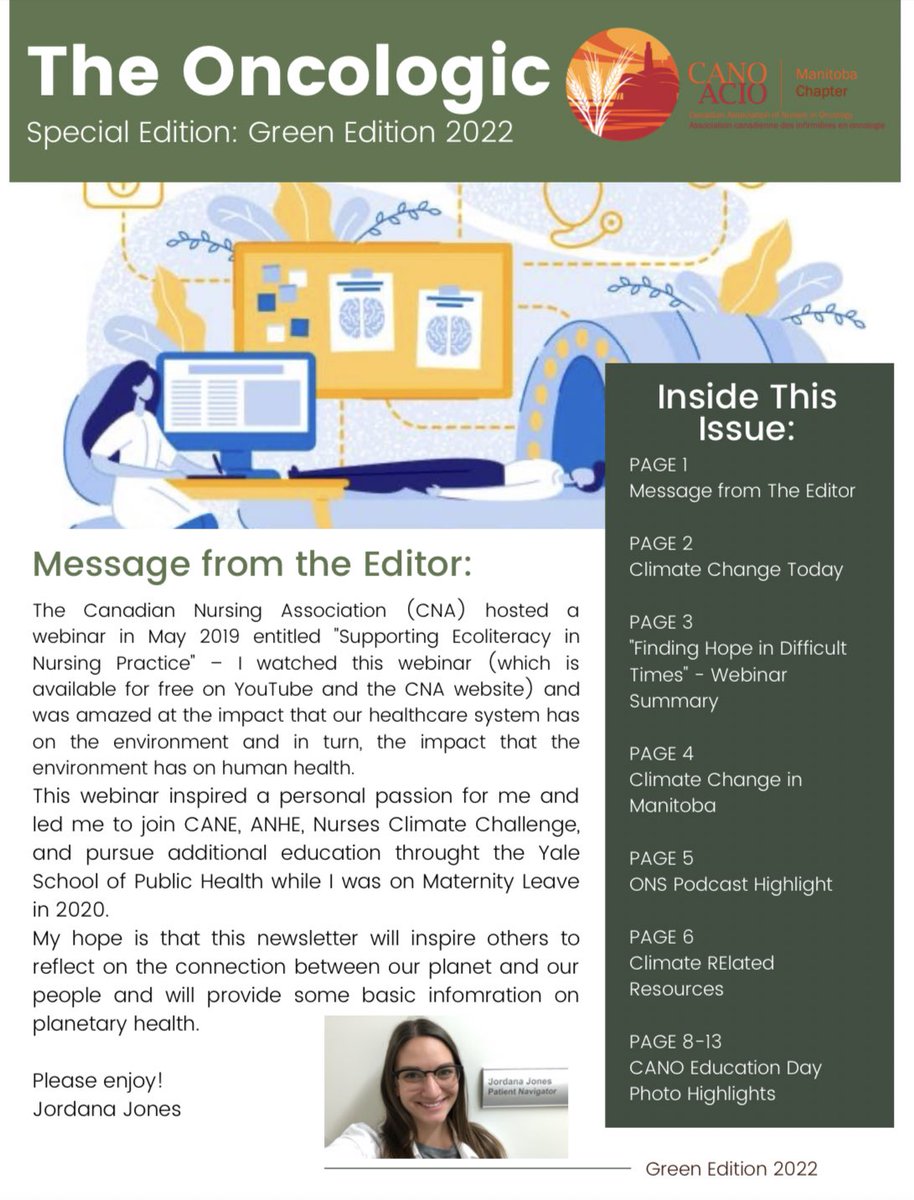 CANO_ACIO_MB's tweet photo. Check out the latest, special edition of The Oncologic!

The Green Edition focuses on #nursing, healthcare system impacts, and how #climatechange affects #humanhealth 

The full newsletter can be accessed by @CANO_ACIO members online @ 

https://t.co/ztSe24szYX

 @CancerCareMB https://t.co/UmzQnPCrzV