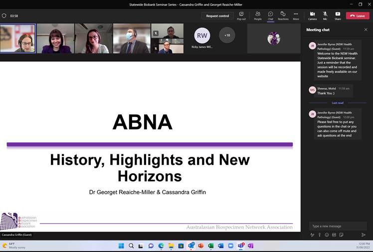 NSWHSB seminar has just started. ABNAs <a href="/CassPGriffin/">Cassandra Griffin</a> and <a href="/georget81/">Georget Reaiche</a> are presenting, hosted by <a href="/JAByrneSci/">Prof Jennifer Byrne 🧬</a> #biobanking <a href="/ABNAonline/">ABNA</a>