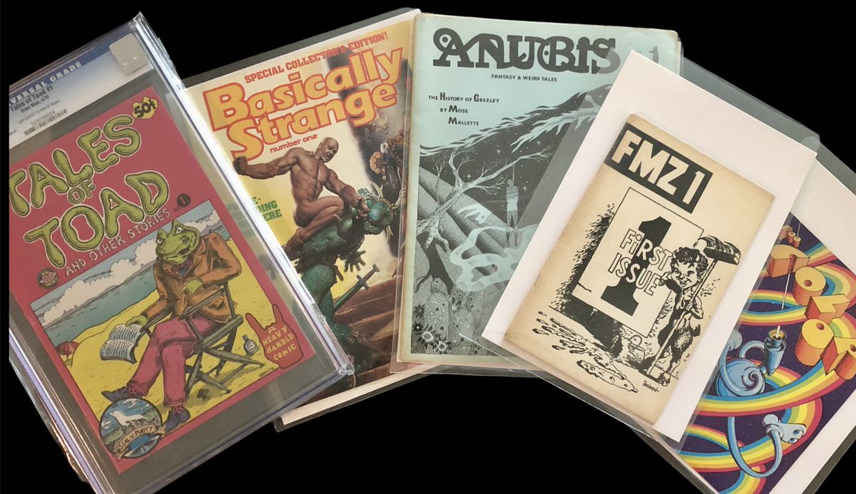 DominelliElisa's tweet photo. Some miscellaneous #undergrounds I’m cataloging. All sourced locally. Tales of Toad #1 CGC 8.0. Basically Strange #1 Corben,Toth,Wood etc. Anubis with V.Bode Art. FMZI Fanzine digest with John Severin cvr. Big names in here. Color by Victor Moscoso https://t.co/hhYev5R9vN