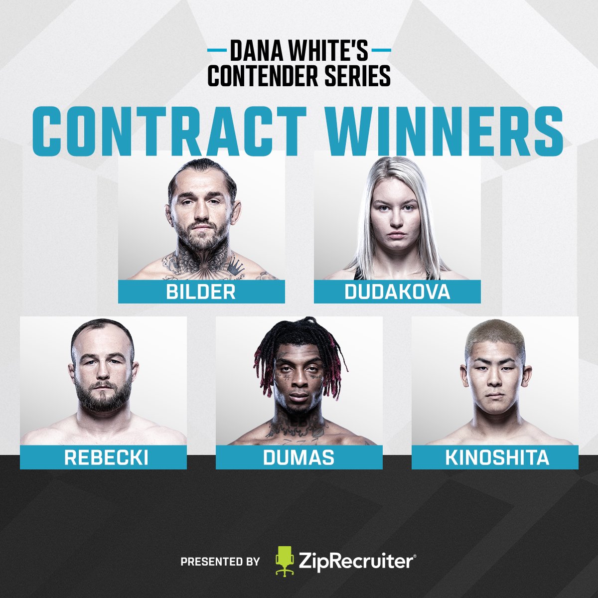 ufc's tweet photo. Five contracts for all five winners, welcome to the UFC 👏

[ B2YB @ZipRecruiter | #DWCS Tuesdays 8pm ET LIVE on @ESPNPlus ] https://t.co/ILDIdb72YW