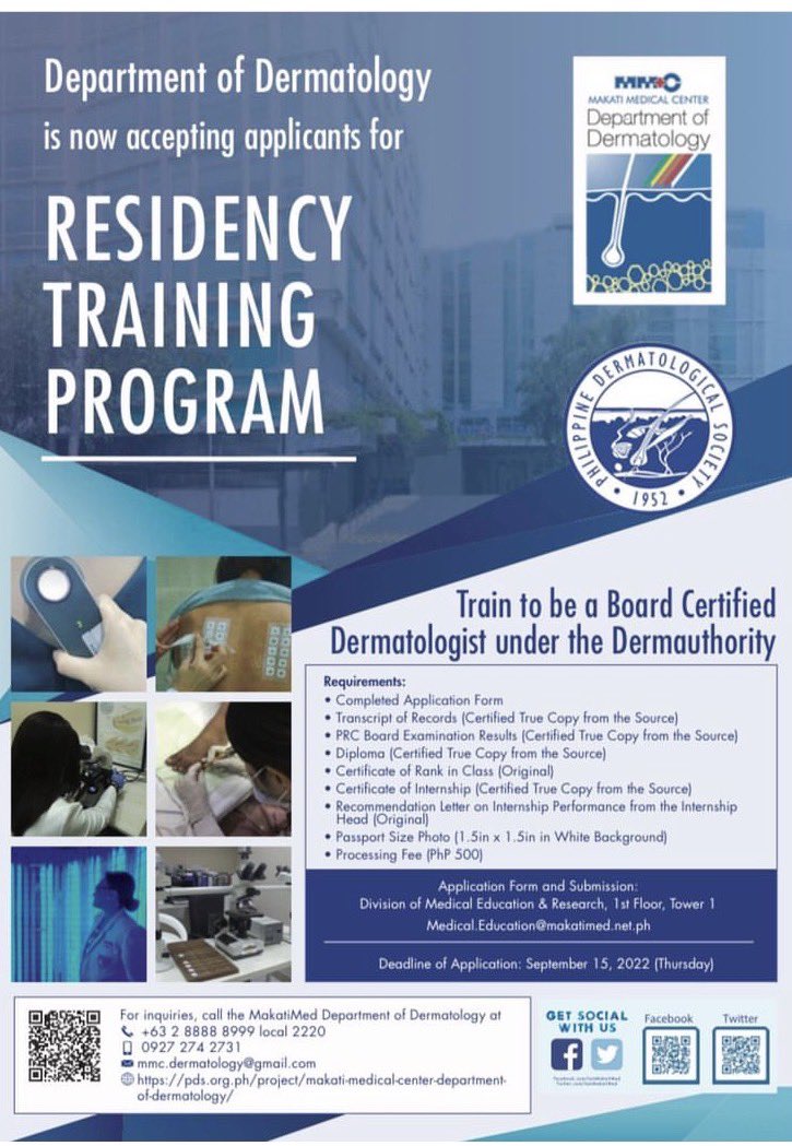 loislapitan's tweet photo. The Makati Medical Center Department of Dermatology, a Philippine Dermatological Society accredited institution, is now accepting applicants for its 3-year residency program.

Apply now! ✨ https://t.co/jSP2vyuqKn