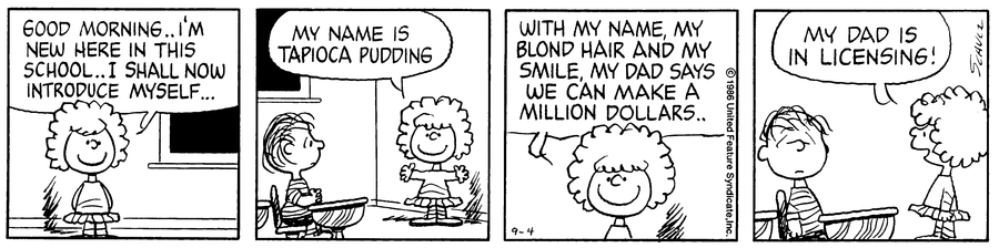 peanuts_no's tweet photo. September 4, 1986- Tapioca Pudding first appeared . She seemed to have one main gag which was to tell people her name and  mentioning that her dad is in licensing and seems to have a crush on Linus. Her final appearance was December 1, 1986. #Peanuts  #TapiocaPuddingDay https://t.co/kkrR7AO5AG
