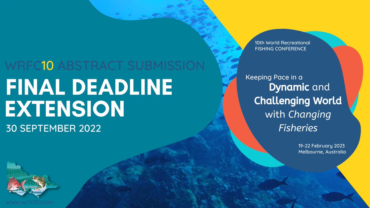 WRFC_10's tweet photo. Happy to announce a further #abstract deadline extension for #WRFC10: new abstract deadline is now 30 September 2022. That’s another month to prepare and submit your talk. Share your work and research with the world of rec fisheries and #fishsci in Oz 2023! https://t.co/wCqvhQ1ZTO