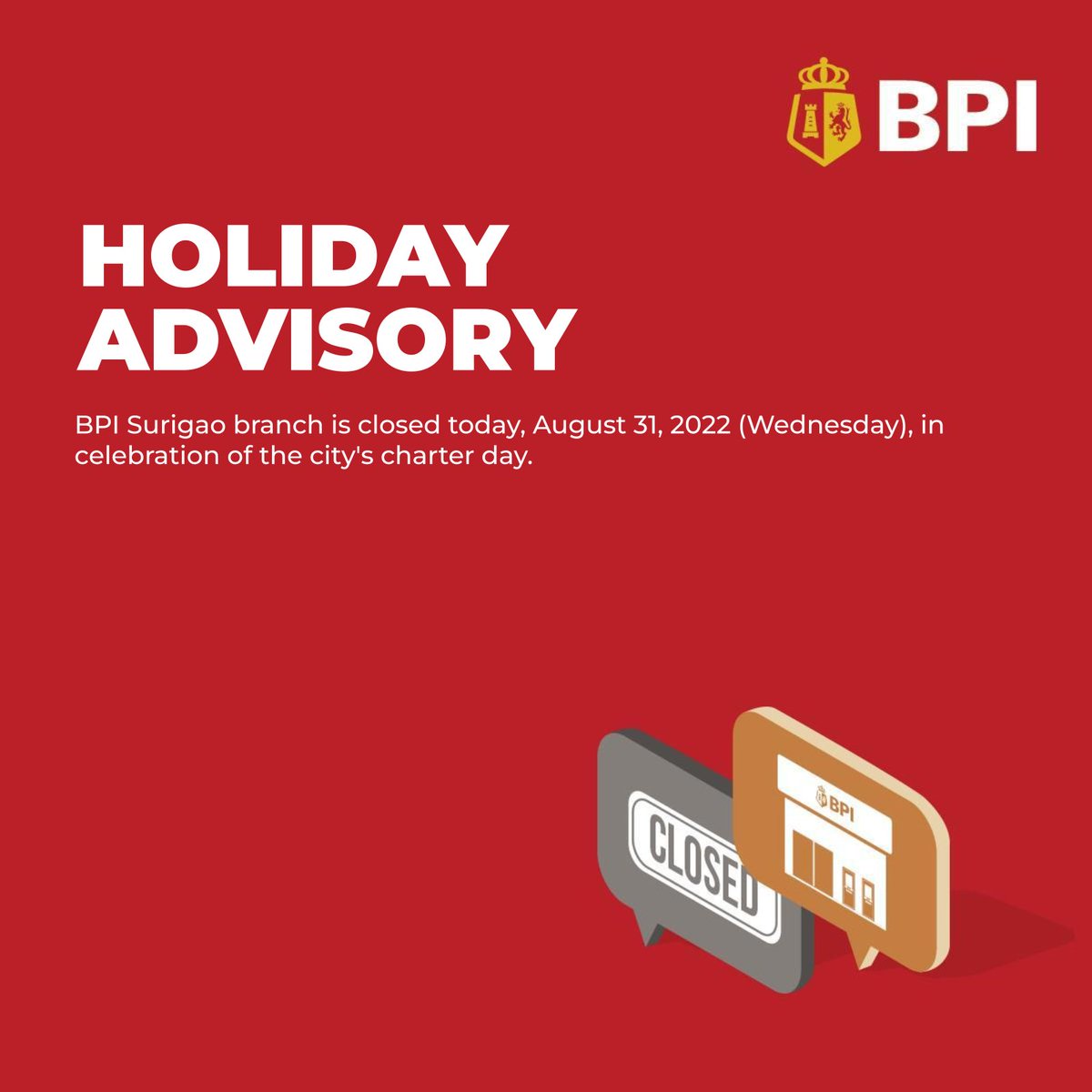 TalktoBPI's tweet photo. Presidential Proclamation No. 1802 declared August 31, 2022 (Wednesday) as a special non-working holiday in Surigao City, Surigao del Norte. https://t.co/4eMyCjyB0V
