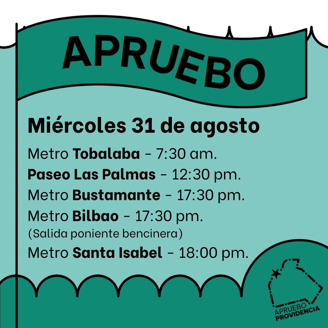 proviaprueba's tweet photo. 😃 Este Miércoles 31 de agosto, penúltimo día de campaña por el 🅰️pruebo y nos necesitamos en la calle, Además!! En un esfuerzo con las comunas del oriente, se hará un Metrazo en Plaza Egaña a las 18.30hrs‼️

#AprueboProvidencia #AprueboNuevaConstitución #AprueboFeliz https://t.co/ofs5Z3Njrj