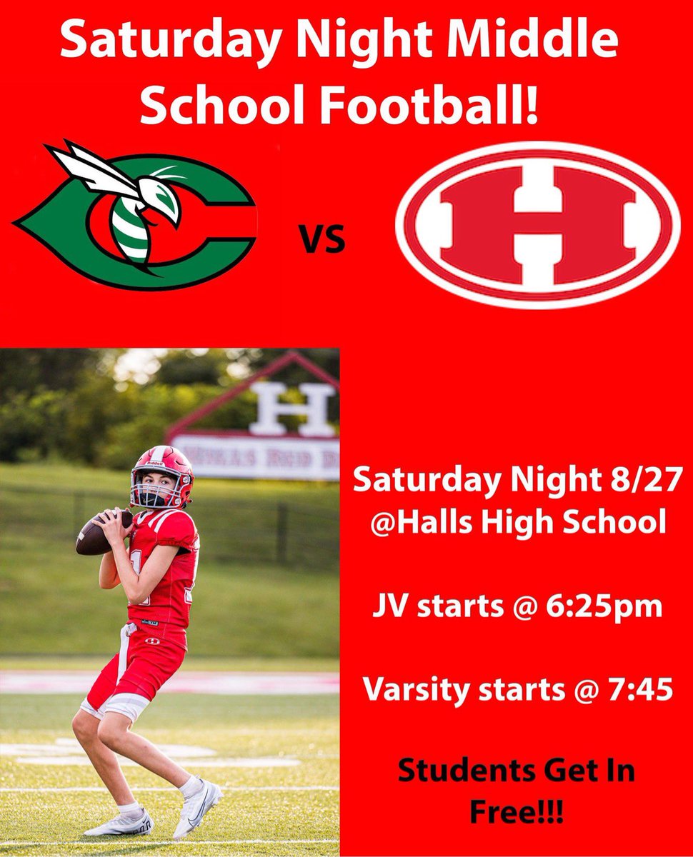 HallsMiddlePTA's tweet photo. We hope to see you at our HMS football game!! Students get in free!! https://t.co/BpjtIup4yM