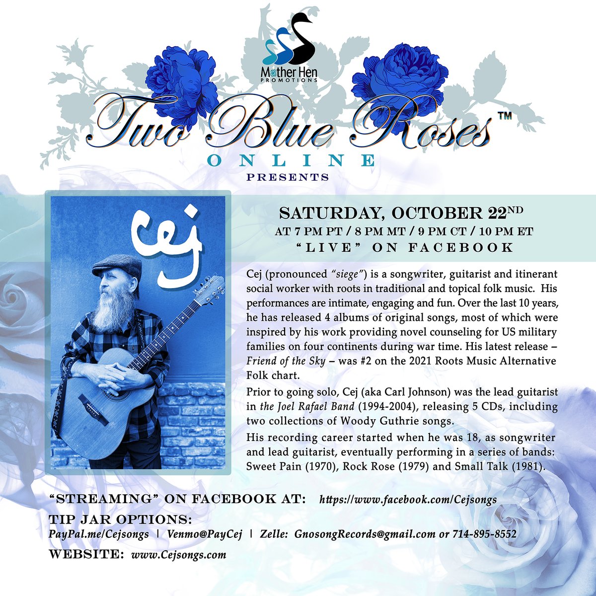 MomHen's tweet photo. SAVE the DATE!
Sat., Oct 22nd at 7 PM PT
#TwoBlueRoses Online will feature @cejsongs in an online concert at https://t.co/HFrOZEpLj1 https://t.co/hSx58S7xUJ