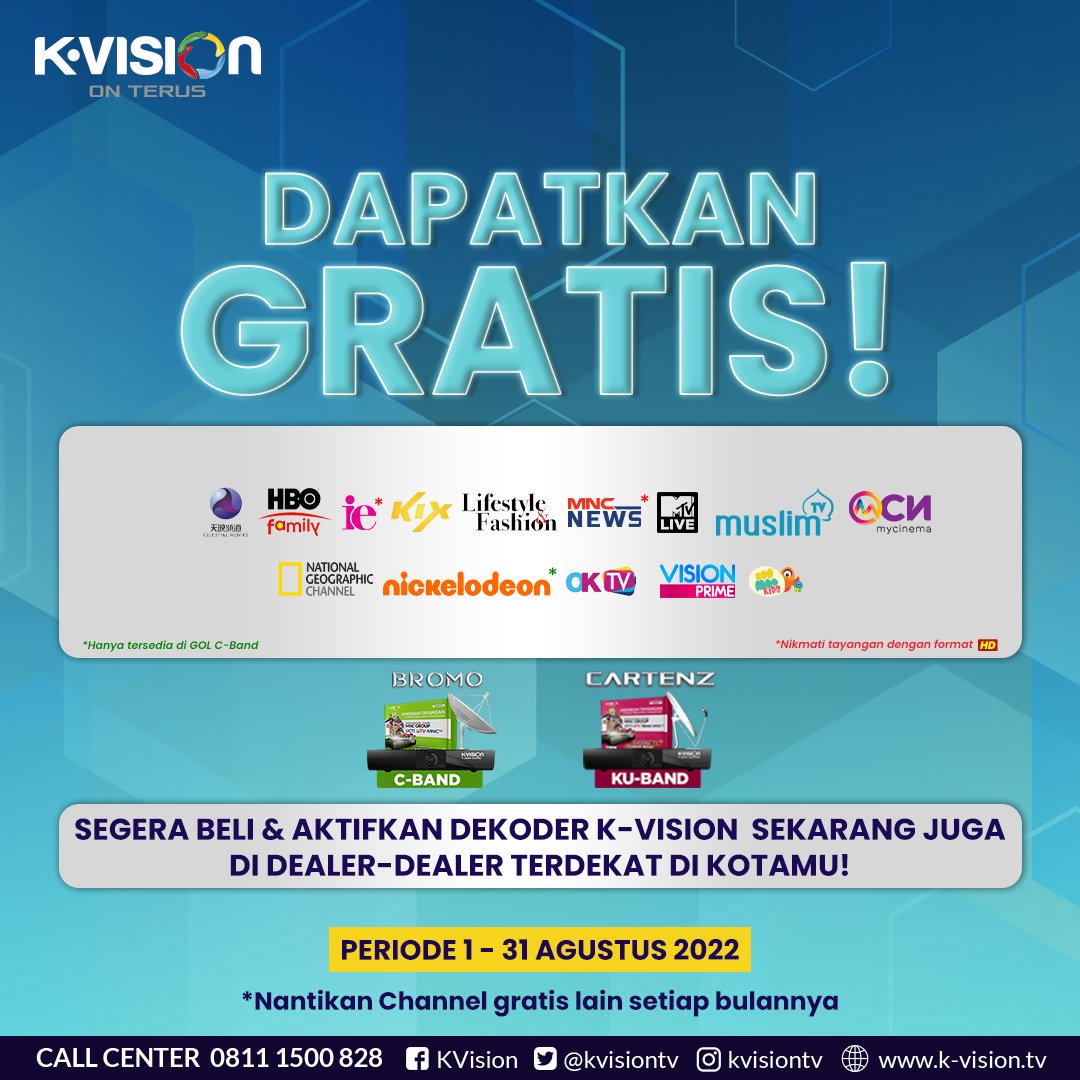 kvisiontv's tweet photo. Hanya dengan aktifkan dekoder K-Vision kamu bisa mendapatkan GRATIS channel-channel berikut ini loh! Pengalaman nonton kamu makin seru deh di K-Vision! 🥳
K-Vision On Terus!
#KVision #KVisionOnTerus #TVDigitalJamanNow #DIJAMIN #TVBerlangganan #TVBerbayar #InfoKVision https://t.co/JlDi2sGTtK