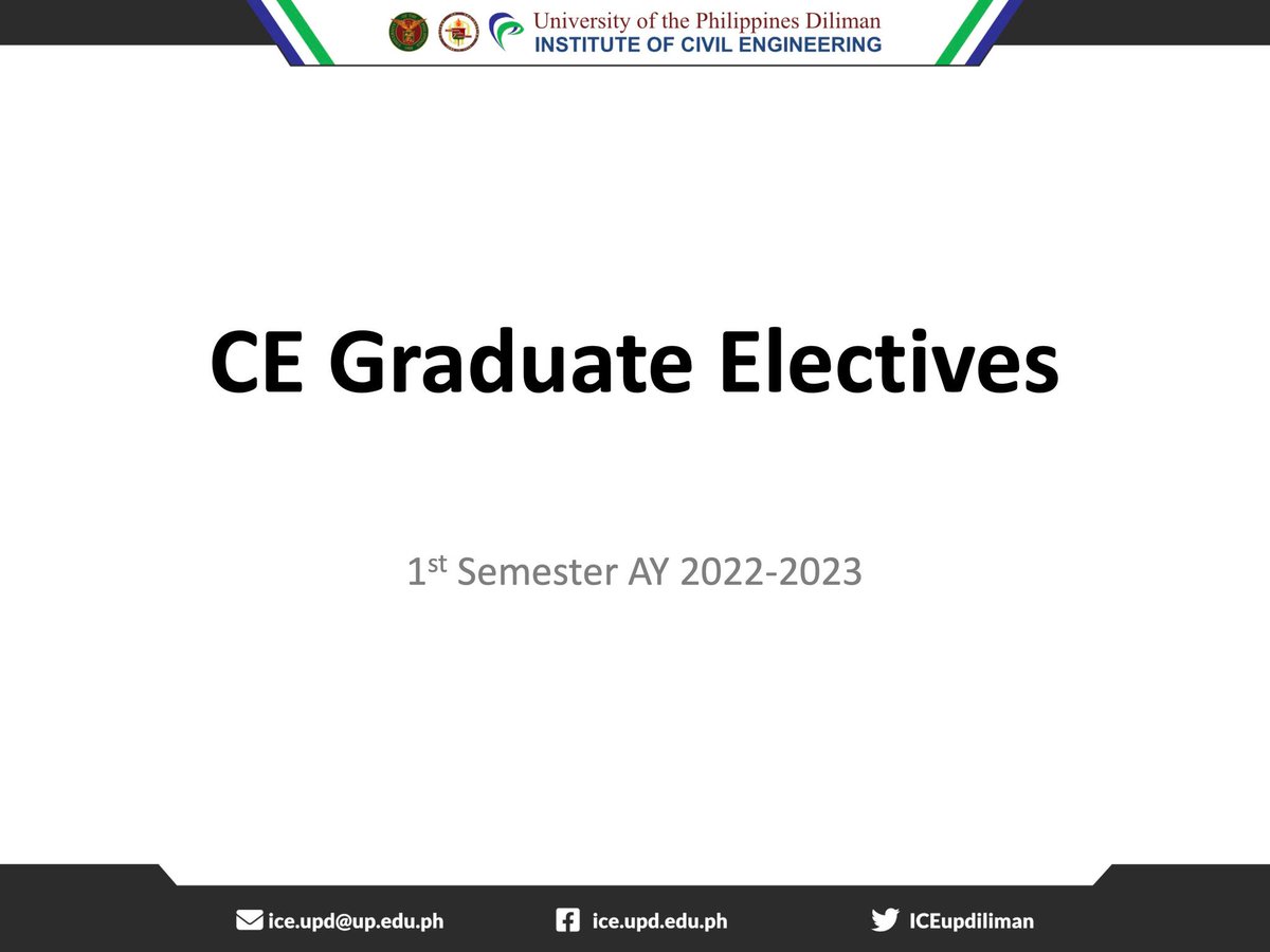 ICEupdiliman's tweet photo. [CE graduate electives]
Here are the details of some of the elective courses UP ICE will offer this 1st semester AY2022-23. https://t.co/iEnbJZ8r2T