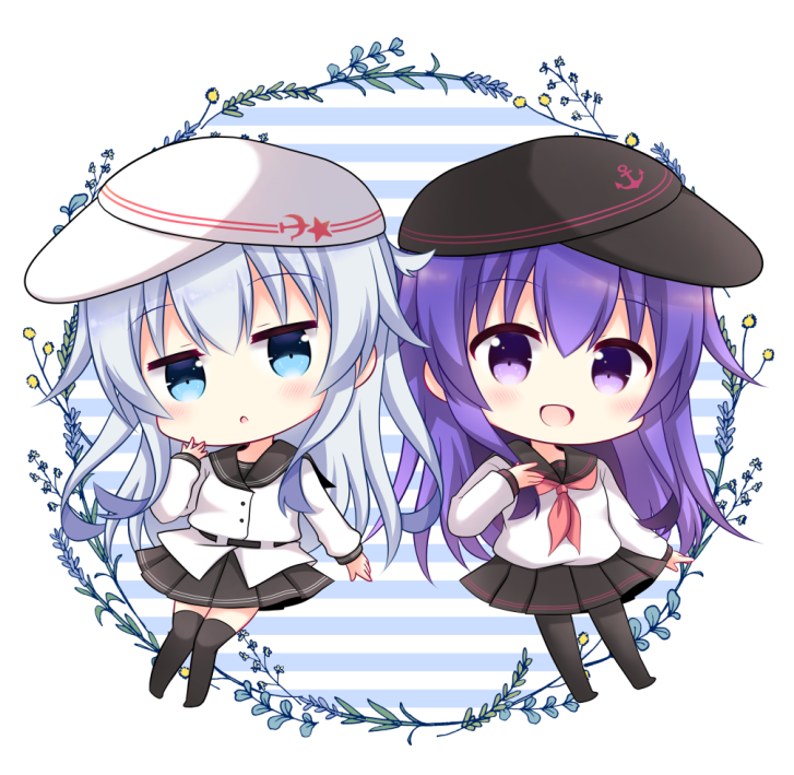 akatsuki (kancolle) ,hibiki (kancolle) ,verniy (kancolle) multiple girls 2girls hat long hair skirt purple hair school uniform  illustration images