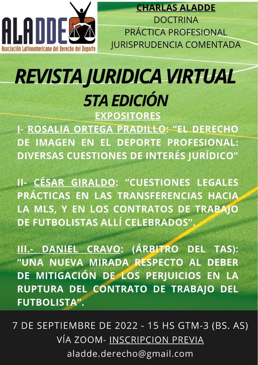 Los invitamos a la 5ta Edición de la REVISTA JURÍDICA VIRTUAL de ALADDE, en esta oportunidad expondrán la Dra. Rosalía Ortega Pradillo y los Dres. César Giraldo y Daniel Cravo.