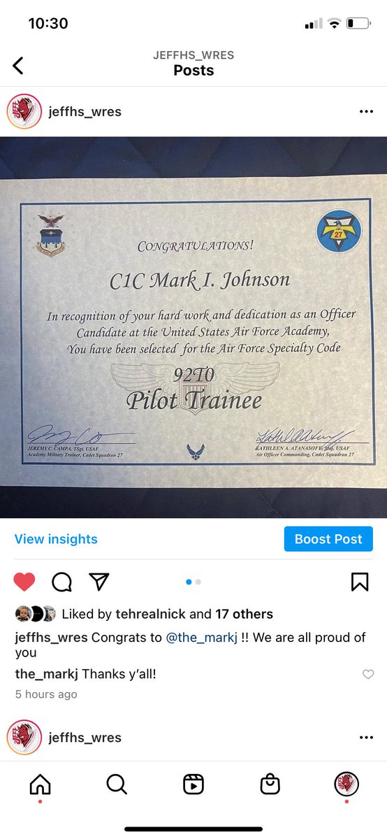 JeffHS_Wres's tweet photo. Congrats to @the_markj !! We are all proud of you! Pilot in the Air Force Academy!!!! https://t.co/oqqfHSvQkt