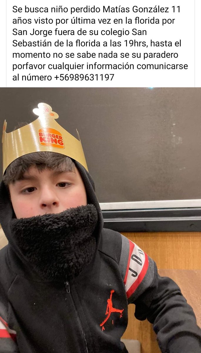 Niño perdido Matías González 11 años visto por última vez en la florida fuera de su colegio San Sebastián de la florida a las 19hrs, hasta el momento no se sabe nada, por favor cualquier información al número +56989631197
#GonzaloDeLaCarrera 
#ContigoCHV 
#MuchoGustoMega