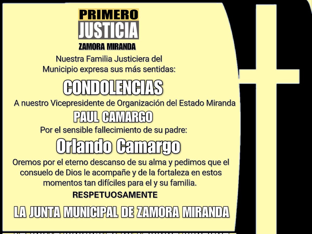 Primerojzamora's tweet photo. Nos unimos al luto por la desaparición física de Orlando Camargo, #QEPD padre de Nuestro Vicepresidente de Organización @paulcamargo27 enviamos palabras de condolencia igualmente a familiares y amigos. #PazASusRestos https://t.co/iWF1CLdEUv