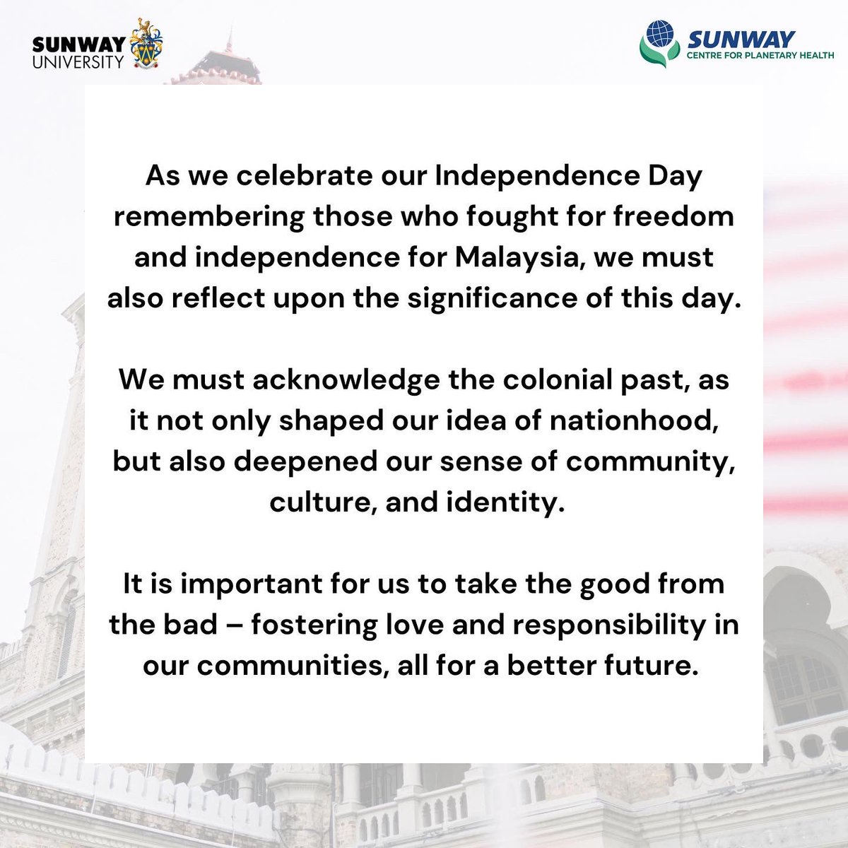 Happy 65th Independence Day, Malaysia!

Let us reflect on this special day and honor the ones who have fought for this country for independence 🇲🇾

#KeluargaMalaysiaBerteguhBersama #PlanetaryHealth #Merdeka2022 #SunwayCPH #MerdekaUntukKesihatanPlanet #MerdekaForPlanetaryHealth