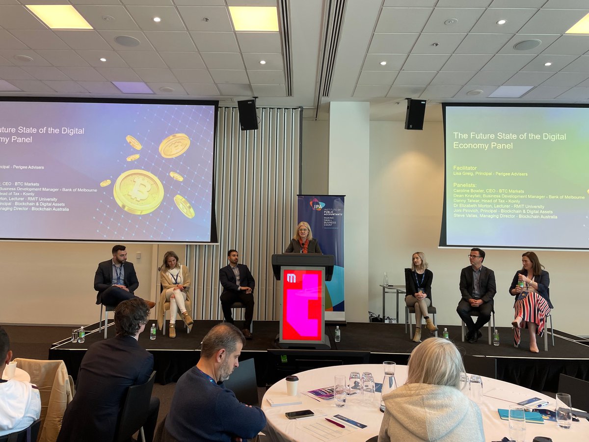 ipaaccountants's tweet photo. We are live at the @MCEC for the #IPAcrypto22 with our Future State of the Digital #Economy panel. Our facilitator, Lisa Greig @austaxter is joined by Dean Knayfati, Caroline Bowler, Steve Vallas, Dr Elizabeth Morton, Danny Talwar & Joni Priovich. https://t.co/aXiR9ycLps