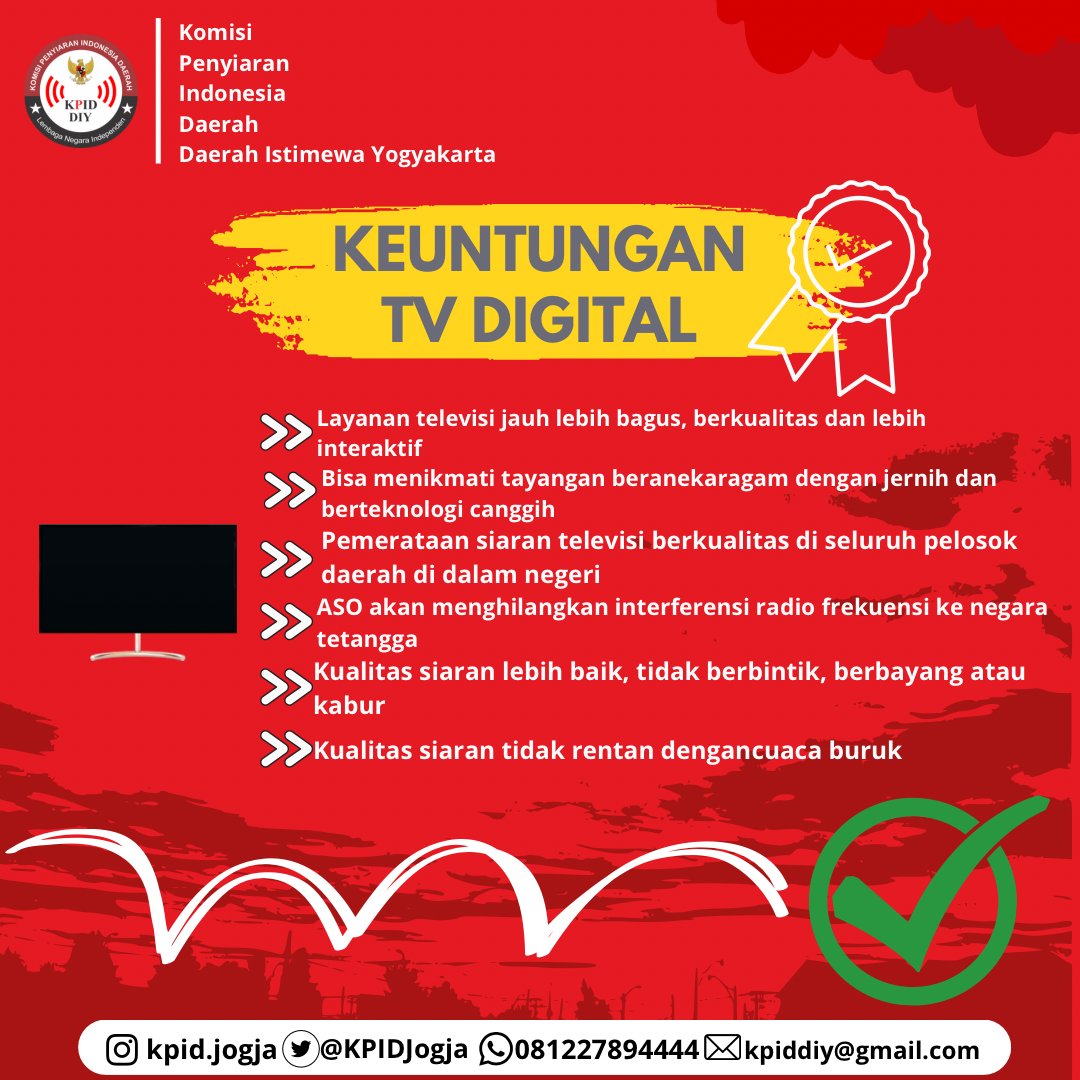 kpidjogja's tweet photo. Hallo Sobat Penyiaran 👋🏼

Kalian masi bingung untuk beralih dari TV Analog ke TV Digital? Yuk simak keuntungan dari menggunakan TV Digital saat ini!

KPID DIY Official Account:
Instagram: @kpid.jogja
Twitter: @KPIDJogja
Email: kpiddiy@gmail.com
#KPIDJogja https://t.co/DWkCueie1z