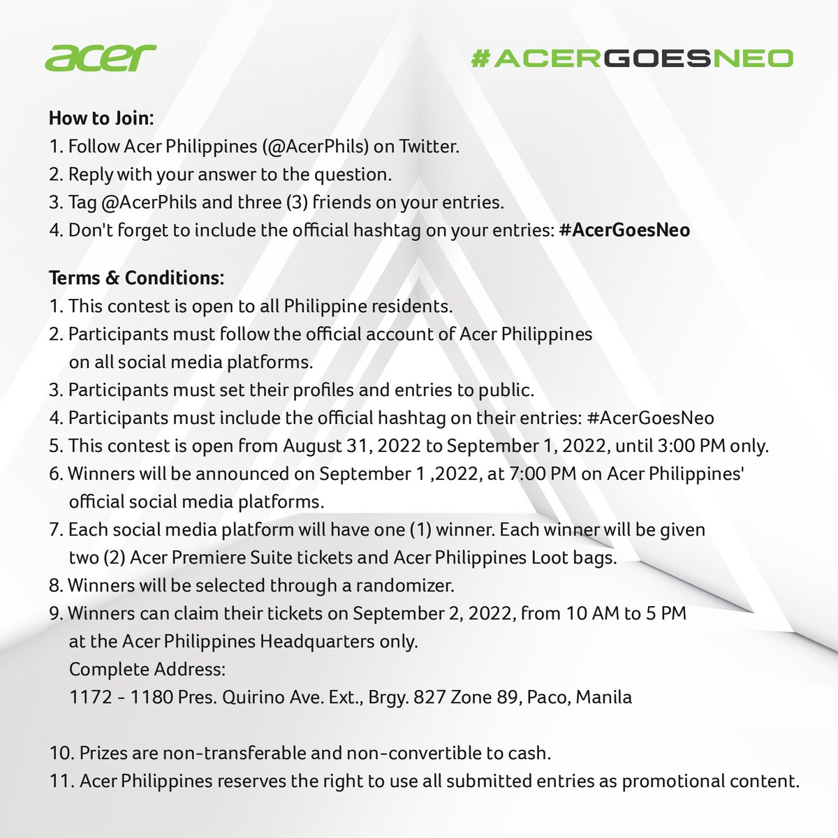 Welcome to our playground, Acer fam. 😉 Solve this Word Search puzzle for a chance to win Acer Philippines loot bags and 2 Acer Premiere Suite tickets to their next big concert!
Just follow the mechanics below to join today!