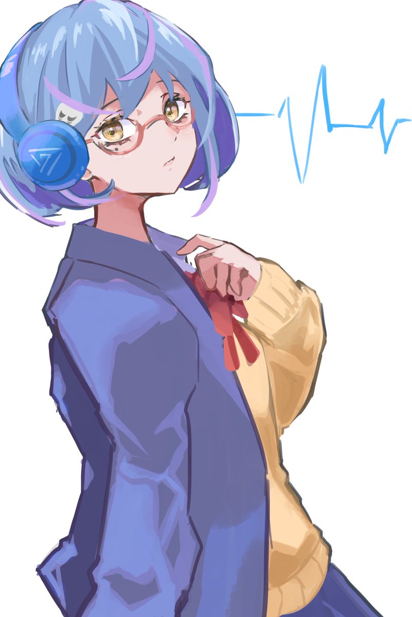 1girl solo blue hair glasses short hair white background headphones  illustration images