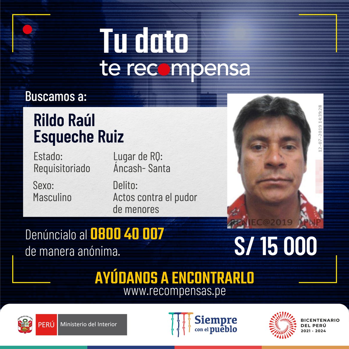 MininterPeru's tweet photo. 📢 ¡Tu ayuda puede ser crucial para capturar a estos prófugos de la justicia!
📞 Si tienes información sobre el paradero de alguna de estas personas, llama de forma anónima y gratuita al 0 800 40 007.
🔎 Visita https://t.co/G5FklA2JB0
#TuDatoTeRecompensa https://t.co/dDqV0S7y0i
