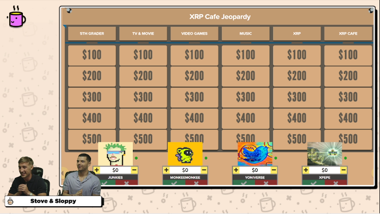 apeXRPL's tweet photo. Fast forward to present day where we are streaming for our NFT marketplace @xrpcafe! ☕️

We started the new stream off with a bang and played Jeopardy with some awesome projects. 

We have some awesome streams planned for the cafe so stay tuned 😎😎 https://t.co/4ScXHdPcnL