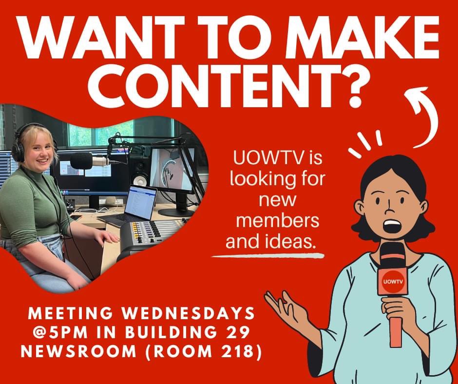 UOWTV's tweet photo. UOWTV is looking for new members and we want you! 

No previous experience is needed 🎥🎙🎧

Come along to our weekly meetings to pitch an idea, or just say hey 👋

@UOWCreative @UOWASSH @UOW #UOW #studentmedia #socialj #joinus #uowcreative #uowtv https://t.co/v6E4P7j7jR