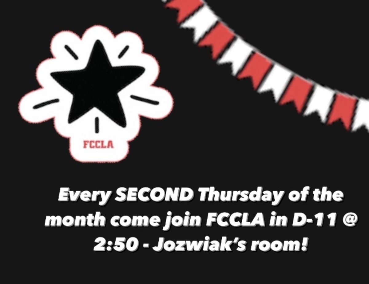 FCCLA: We will have an interest meeting on Thursday, and our first official meeting next Thursday! Our official meeting time each month will be the second Thursday of the month!!!