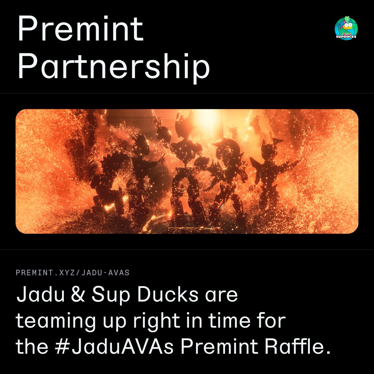 SUP! 🦆

<a href="/JaduAVAs/">JaduAVAs</a> x <a href="/RealSupDucks/">Michael Dragovic</a> are teaming up right in time for the #JaduAVAs Pre-mint Raffle  

Enter the raffle -->  premint.xyz/jadu-avas/supd…

Don't miss the chance to win a SupDucks &amp; Jadu Hoverboard Classic!

Like • RT • Tag Two Friends 🤝