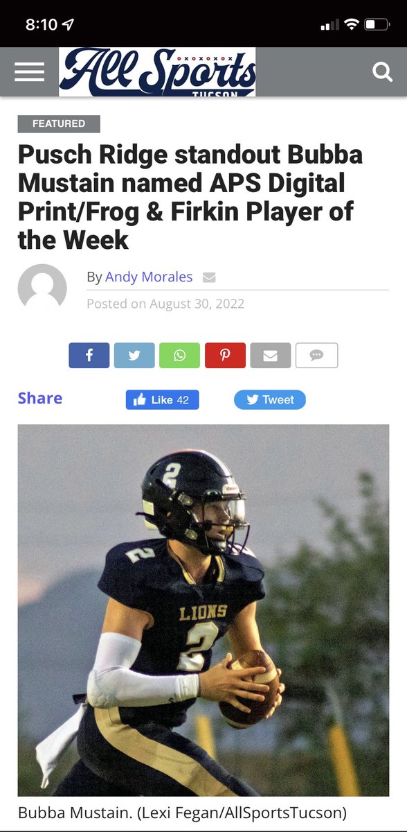Honored to be announced APS Digital Print/Frog &amp; Firkin Player of the Week going, 16/23 for 332 yards and five touchdowns, and rushing 22 yards on 3 attempts with 1 rushing touchdown <a href="/JavierJMorales/">Javier Morales</a> <a href="/PRCAFootball/">Pusch Ridge Football</a> <a href="/CoachChrisBall/">Chris Ball</a> <a href="/PflugradRobin/">Robin Pflugrad</a> <a href="/aaronpflugrad/">Aaron Pflugrad</a> <a href="/AllSportsTucson/">AllSportsTucson.com</a>