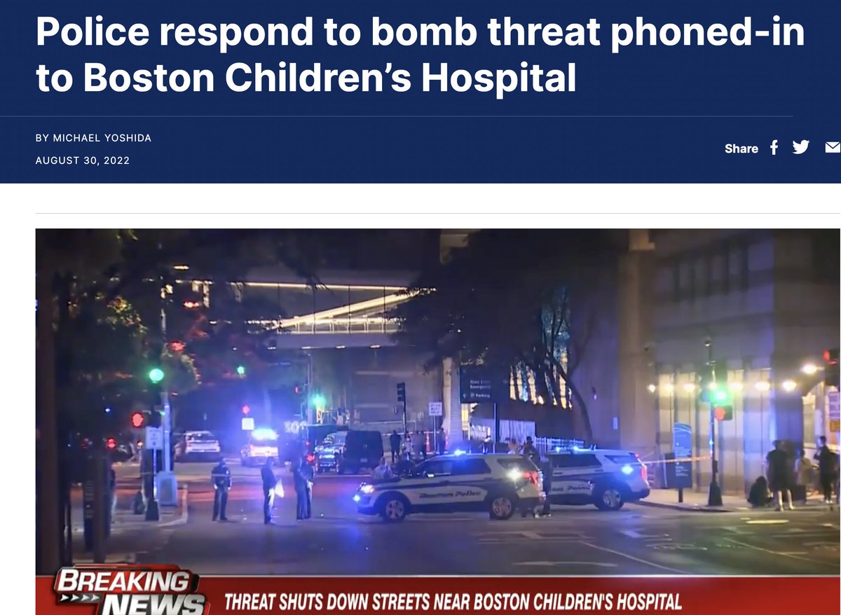 Boston Children's Hospital is closed off because of a bomb threat. All because Libs of TikTok was offended at gender affirming care for trans teens. Her mob explicitly stated violent intent. This isn't even the 1st time she's led stochastic terrorism leading to bomb threats. 🧵