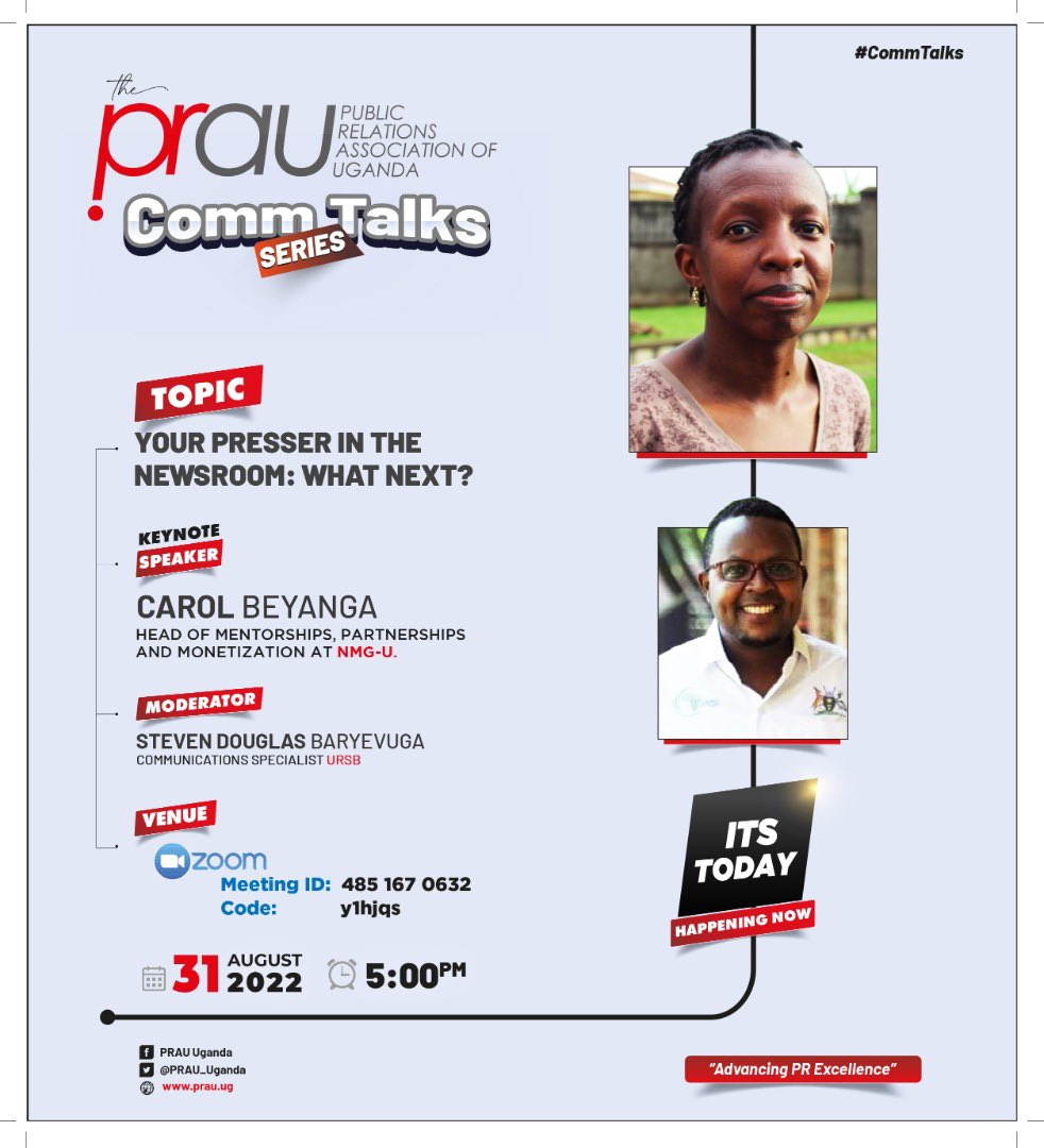 PRAU_Uganda's tweet photo. It’s TODAY ! 

Do join us for our educative talk on the #CommTalk series:

Topic : Tips on how to work with the Media to tell a positive brand story.

Keynote Speaker : @Akeda3 - Head of Mentorships @NationMediaGrp 

Moderator: @stevenbaryevuga https://t.co/yS2rbLEjSm
