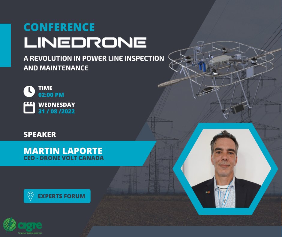 drone_volt's tweet photo. Aujourd'hui au @CIGREWorld, Martin Laporte, DG de #dronevolt Canada tiendra une conférence au sujet de notre dernière innovation : le #Linedrone. Un drone capable d'atterrir sur une ligne électrique sous tension pour l'inspecter.
📅 14h00 - forum des experts
#CIGRE2022 #CIGRE https://t.co/Jyn8ckMx66