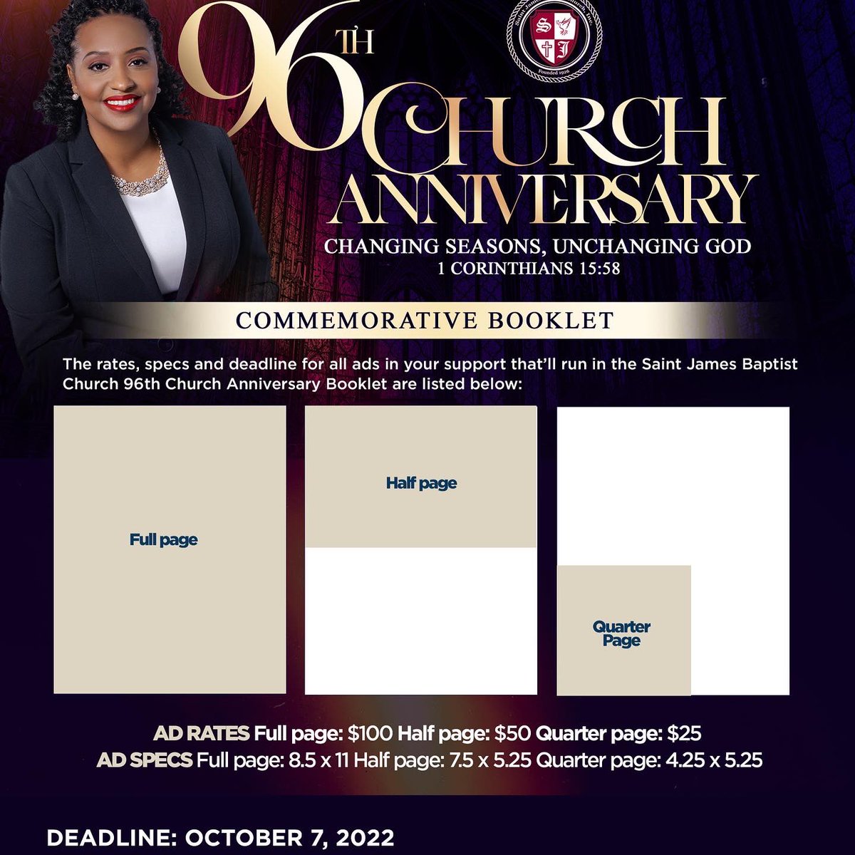 Saint James Baptist Church, Inc. 96th Church Anniversary will commence on November 6th at 10AM. This year, there will be a commemorative booklet for ads. Please see the flyer for submission instructions and deadlines. #changingseasons #UnchangingGod