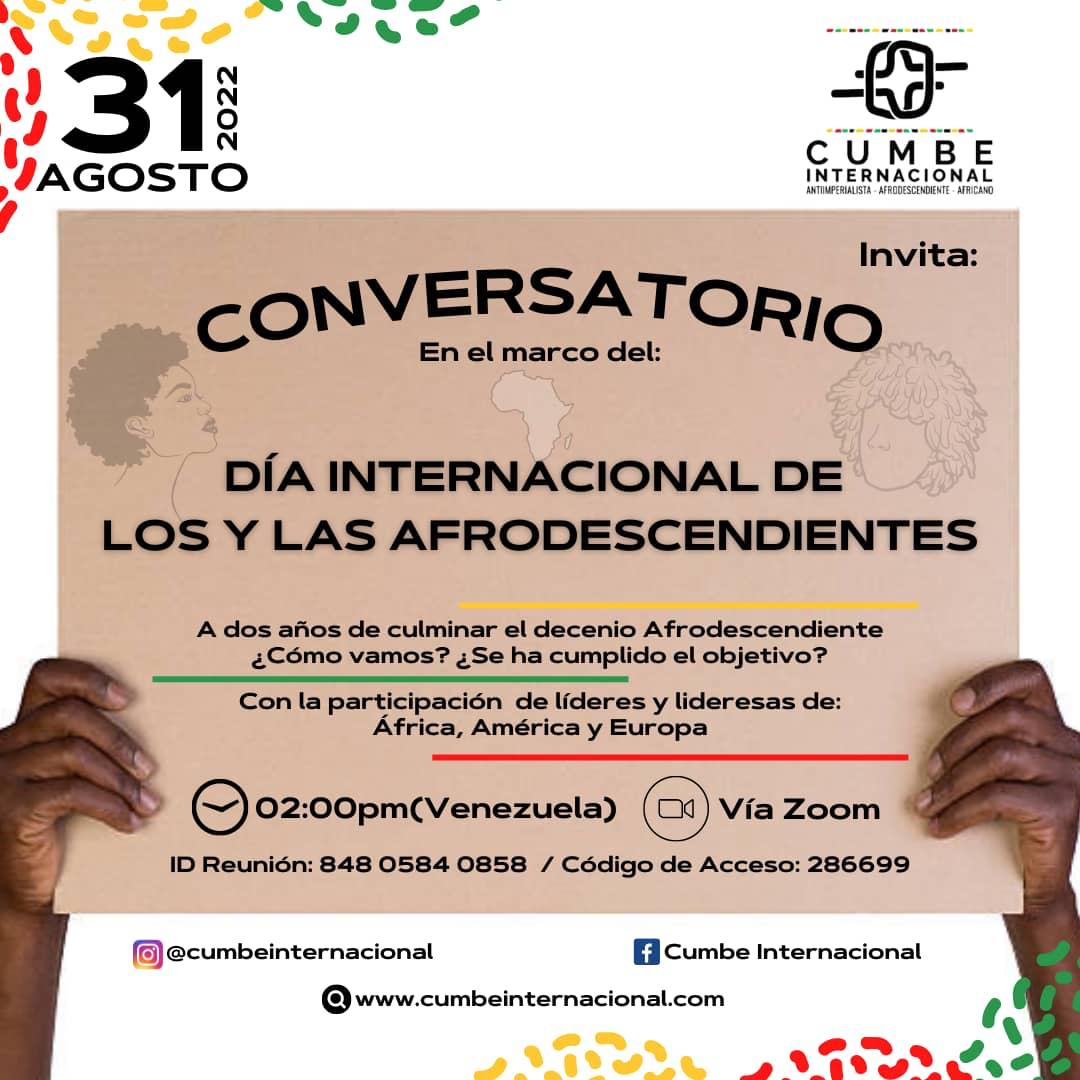 #30Agosto 
<a href="/CumbeAfro/">Cumbe Internacional Afrodescendiente y Africano</a> <a href="/desdeelcumbe/">Desde el Cumbe</a> <a href="/afroamiga/">Fundación Afroamiga</a> <a href="/saberafricano/">SaberesAfricanosAyC</a> <a href="/conadecafrove/">@CONADECAFROVE</a> <a href="/normaconadeca/">Norma Romero</a> <a href="/BeatrizAiffil/">Beatriz Aiffil</a> @MPPEDUCACION <a href="/elianyspalmar1/">Elianys Palmar</a> <a href="/afrochucho/">Jesus Chucho Garcia</a> <a href="/hablameafro/">HÁBLAME AFRO</a> <a href="/Afrodescendarag/">Mov Social Afrodescendientes Aragua</a> <a href="/carolyshelena/">Carolys H. Pérez G.</a> <a href="/cdc_ven/">Centro de la Diversidad Cultural</a> <a href="/VillegasPoljak/">Ernesto Villegas Poljak</a> @CNH_Ven <a href="/Cumbeafroguaric/">Cumbeafroguarico</a> @ZonaEducYara <a href="/gabineteyaracuy/">MinCultura Yaracuy</a>
