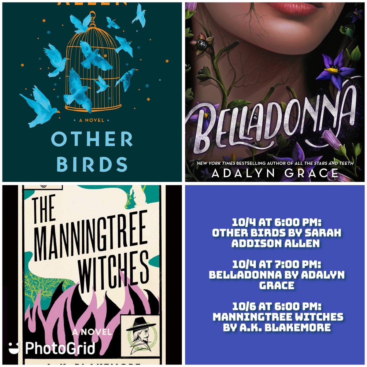 BNStPeters's tweet photo. Book Clubs are Back at BN St. Peters!
.
Fiction: 10/4 at 6:00 PM:
Other Birds by Sarah Addison Allen 
.
YA Fiction: 10/4 at 7:00 PM:
Belladonna by Adalyn Grace
.
Discover: 10/6 at 6:00 PM:
 Manningtree Witches by A.K. Blakemore
.
.
.
#bnbookclub #yabookclub #bookclub #bn #tbrlist https://t.co/lWHZVOzRes