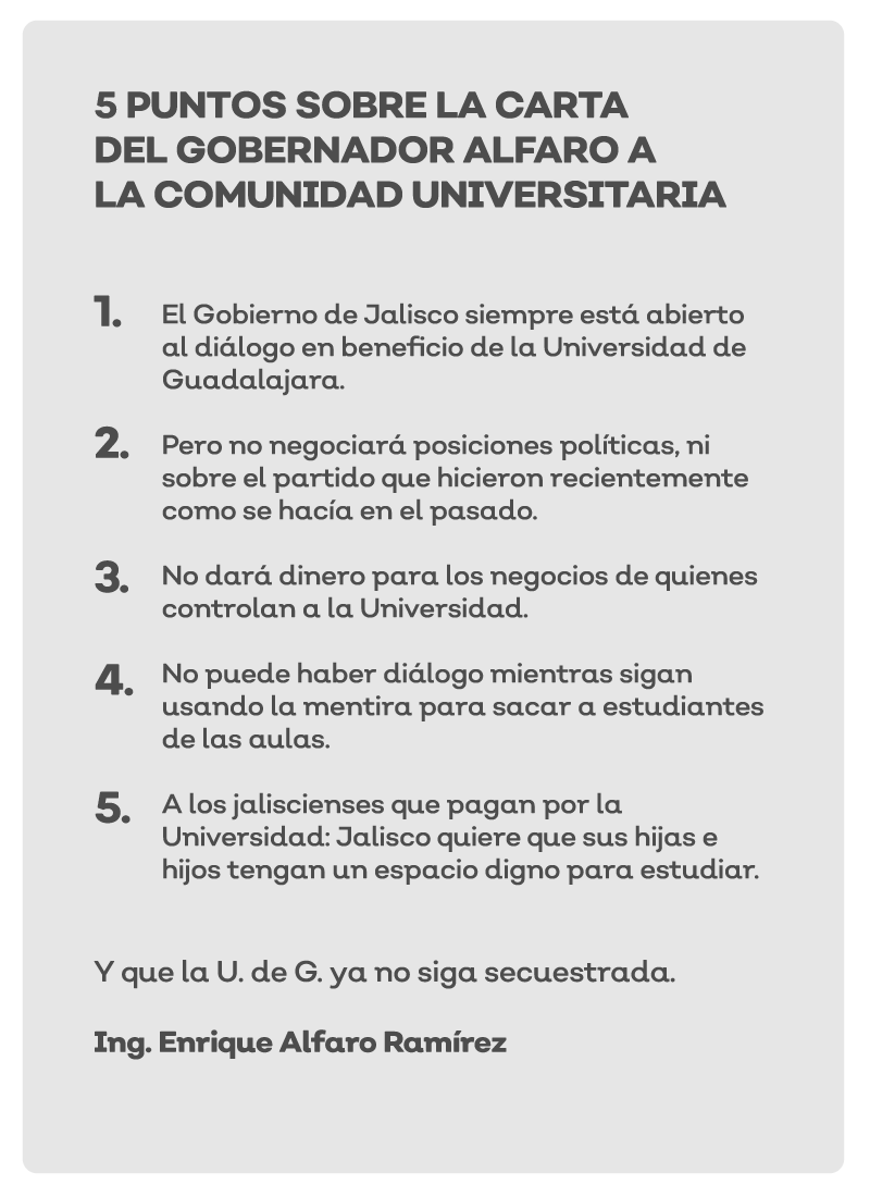Estas son las 5 cosas que tienes que saber sobre la carta abierta a la comunidad universitaria por parte del gobernador <a href="/EnriqueAlfaroR/">Enrique Alfaro</a>: